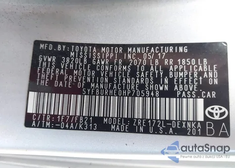 2017 Toyota Corolla Le z USA, uszkodzony, nr VIN 5YFBURHE0HP705948